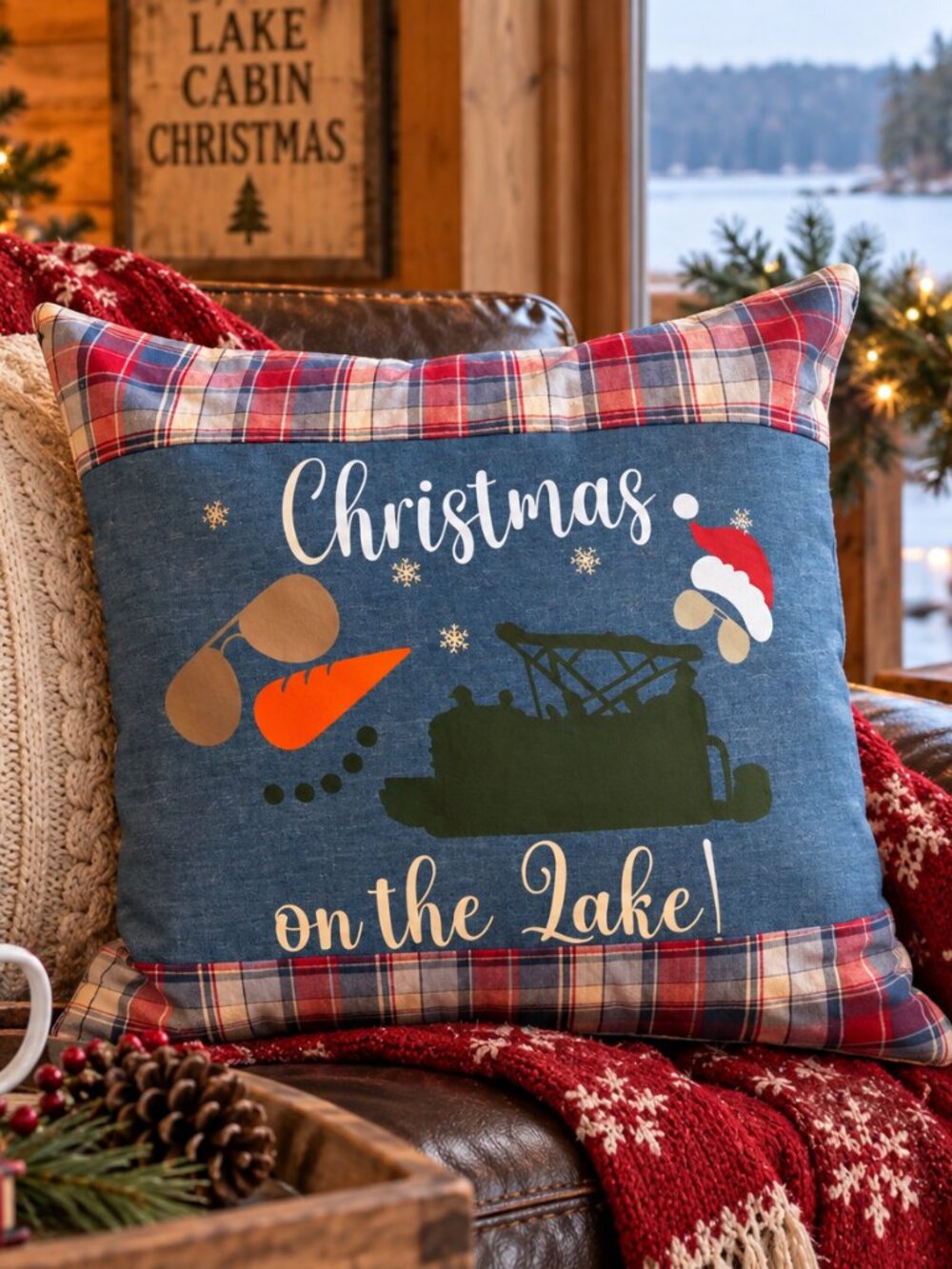 Holiday Lake Scene Pillow Cover Appliqued Christmas on the Lake w/ Pontoon 18x18